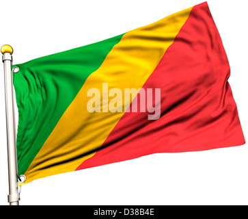 Congo drapeau sur un mât. Chemin de détourage inclus. La texture de la soie visible sur le drapeau à 100  %. Banque D'Images