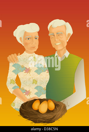 Concept d'illustration de couple avec des oeufs d'or de pension représentant Banque D'Images