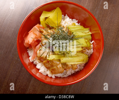 Le poulet avec du riz et de la nourriture japonaise.bambou Banque D'Images