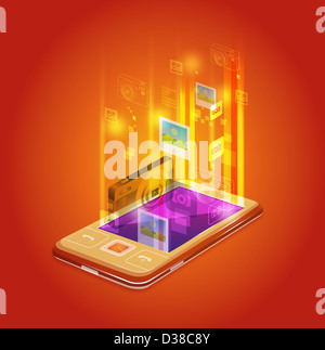 Image d'illustration de téléphone mobile représentant les applications photo sur fond rouge Banque D'Images