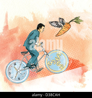 L'homme à vélo avec les roues comme réveil et signes dollar représentant l'argent et la gestion du temps Banque D'Images