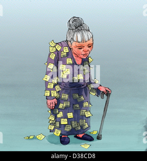 Image d'illustration d'une femme âgée avec sticky notes ci-joint sur les vêtements représentant la maladie d'Alzheimer Banque D'Images
