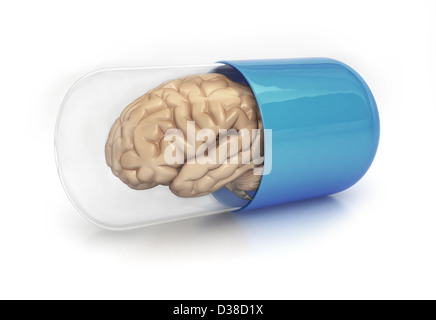 Image d'illustration de cerveau en capsule transparente contre l'arrière-plan gris Banque D'Images