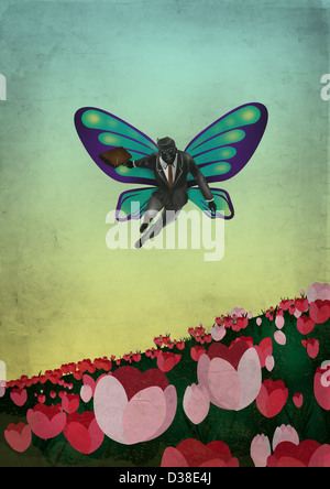 Image d'illustration de l'homme d'affaires voyagent avec des ailes du papillon sur des fleurs représentant d'entreprise Banque D'Images