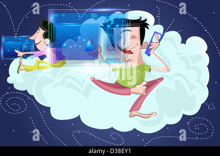 Image d'illustration d'amis avec des écrans sur le cloud computing Cloud représentant Banque D'Images