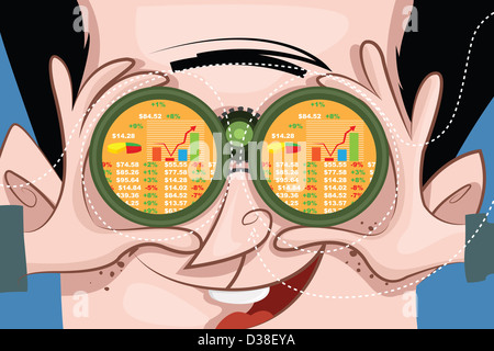 Image d'illustration de l'homme heureux en gardant une montre sur le stock market through binoculars Banque D'Images