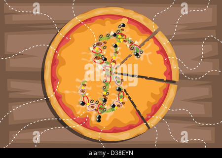 Image d'illustration du signe du dollar sur la pizza avec les pièces qui représentent la part des bénéfices Banque D'Images
