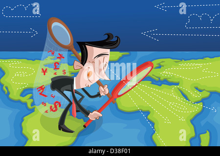 Image d'illustration de businessman examining marché mondial grâce à la loupe Banque D'Images