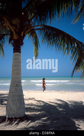 Femme dans un bikini jaune marchant sur la plage de Negril encadrée par un palmier. Negril, Jamaïque Banque D'Images