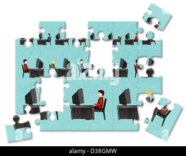Puzzle d'entreprises travaillant sur des ordinateurs dans un bureau Banque D'Images