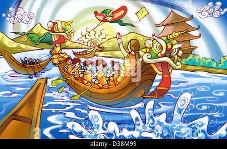 Les personnes qui participent à une course de bateaux-dragons, Chine Banque D'Images