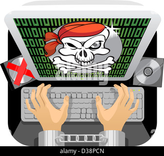 La main de personne menotté à l'aide d'un clavier avec anti piratage message clignote sur l'écran de l'ordinateur Banque D'Images