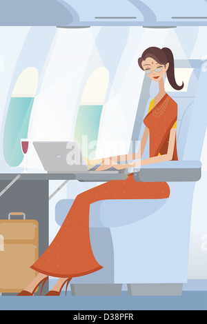 Businesswoman working on a laptop in an airplane