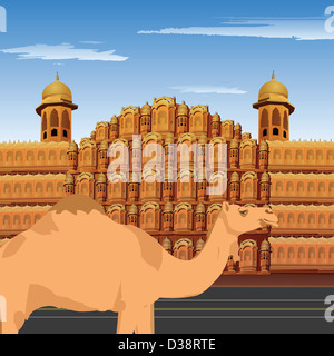 Chameau debout devant des palais, Hawa Mahal, Jaipur, Rajasthan, Inde Banque D'Images
