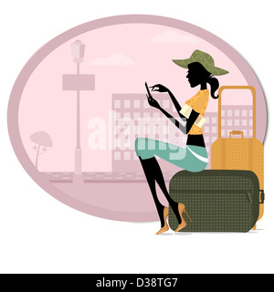 Femme assise avec ses bagages et l'utilisation d'un téléphone mobile