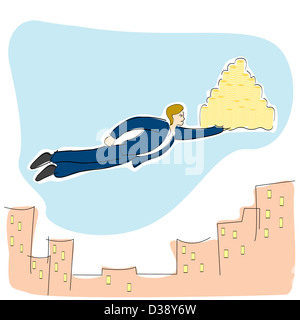 Businessman flying avec vue sur la montagne d'or Banque D'Images