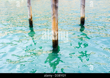 Bollards en bois et des réflexions dans le Grand Canal Venise Italie Banque D'Images