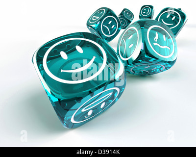 Dés de différentes émotions sur des visages sur blanc fond isolé. 3d Banque D'Images