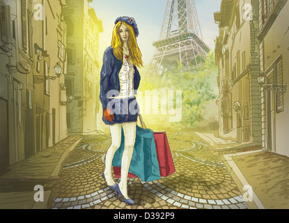 Woman dans la rue avec la Tour Eiffel en arrière-plan, Paris, France Banque D'Images