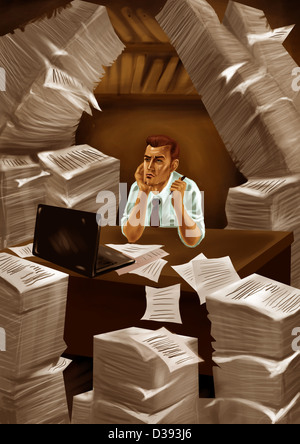 Businessman with heap de documents autour de lui dans un bureau Banque D'Images
