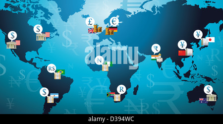 Illustration photo de symboles de devises représentant les pays dans une carte du monde Banque D'Images