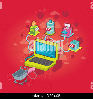 Image conceptuelle de l'ordinateur et panier avec symboles de devises représentant magasinage en ligne Banque D'Images