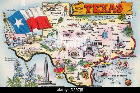 Carte postale Carte Texas, autour de l'année 1950 Banque D'Images