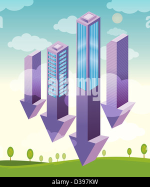 Des graphiques à barres en forme de flèche vers le bas en mouvement illustrant la récession économique Banque D'Images