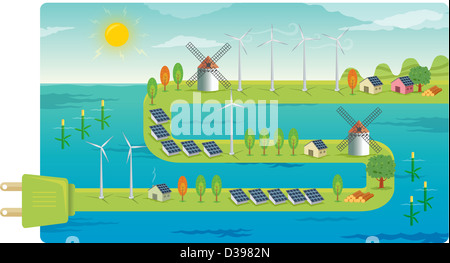 Éoliennes sur une prise électrique illustrant le concept de la conversation des ressources naturelles Banque D'Images
