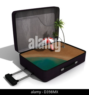 Parapluie de plage avec une chaise dans suitcase isolé sur fond blanc représentant le concept de billet Banque D'Images