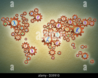 Image d'illustration de personnes dans les engrenages qui représente le mécanisme mondial Banque D'Images