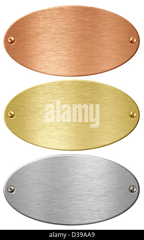 Argent, or et bronze metal plaques ellipse isolé avec chemin de détourage inclus Banque D'Images
