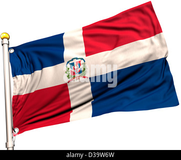 République dominicaine drapeau sur un mât. Chemin de détourage inclus. La texture de la soie visible sur le drapeau à 100  %. Banque D'Images
