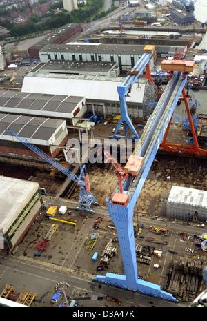 (Afp) - vue aérienne du chantier naval Howaldtswerke Deutsche Werft AG (HDW) de Kiel, sur la photo 9 juin 2002. Un investisseur US Equity Partners, fille de la Bank One (Chicago) a eu plus de 30 pour cent des actions de Preussag, plus un autre 20 pour cent de l'entreprise, comme HDW a annoncé en Hanovre, le 14 juin 2002. Banque D'Images