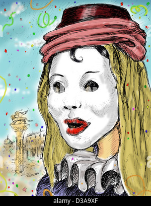 Masque de carnaval à Venise, dessin à la main Banque D'Images