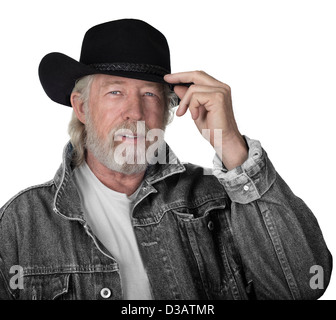 Handsome man portant une veste jeans gris et chapeau de cowboy feutre noir aux yeux bleus Banque D'Images