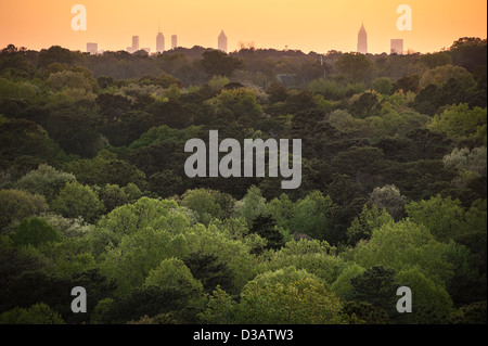 Atlanta ville baignée dans une ambiance coucher du soleil orange au-dessus du terrain boisé vu de Stone Mountain à Stone Mountain Park. Banque D'Images