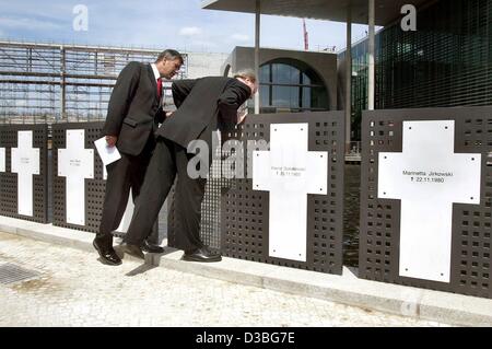 (Afp) - Klaus Wowereit (L), maire de Berlin et Wolfgang Thierse, Président du Bundestag allemand examiner une rangée de croix redessinée sur la rive ouest de la rivière Spree à Berlin, 17 juin 2003. La ce que l'on appelle des 'auerkreuze' (mur traverse), commémorer l'victimes décédés lors de la Banque D'Images