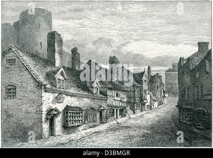 Vintage gravure de porte du château, Shrewsbury, Angleterre Banque D'Images