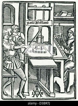 Gravure d'époque à partir d'un original du 16ème siècle d'une presse à imprimer, 1511 Banque D'Images