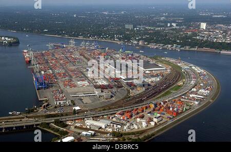 Vue du terminal à conteneurs en Alternwerder au port de Hambourg, Allemagne, 14 septembre 2003. Mots-clés : Economy-Business-Finance, EBF, des Transports, de la géographie, terminal à conteneurs, fret, fret, port, port, port, Allemagne:DEU, vue générale, vue aérienne Banque D'Images