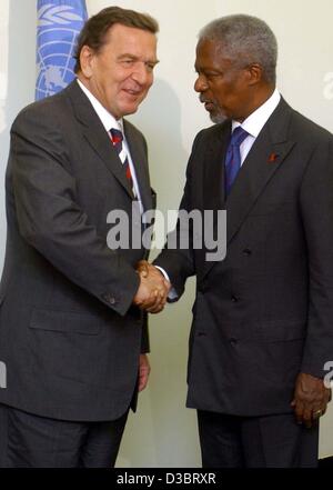 (Afp) - Le Secrétaire Général des Nations Unies Kofi Annan (R) accueille favorablement le chancelier allemand Gerhard Schroeder lors d'une réunion avant le début du débat de l'Assemblée générale au siège des Nations Unies à New York, le 23 septembre 2003. La réunion s'est tenue en marge de l'Assemblée générale des Nations Unies, 58e Banque D'Images