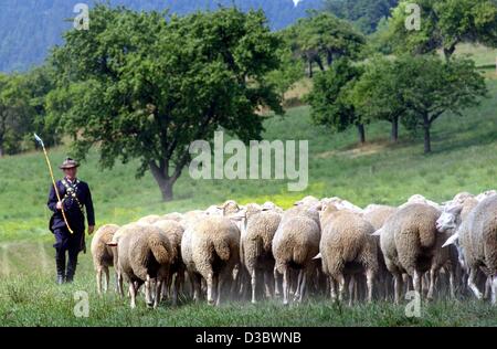 (Afp) - Shepherd Guenther Schoebel est vêtu de vêtements traditionnels lors de la 12e journée du berger de Thuringe à l'open air museum de Luther, l'Est de l'Allemagne, 2 août 2003. L'état de Thuringe est l'état avec le plus grand nombre de moutons en Allemagne. Banque D'Images