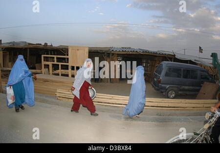 (Afp) - Trois femmes, deux d'entre eux portant le voile burqa bleu traditionnel, marcher le long d'une rue à Kaboul, Afghanistan, 4 août 2003. Depuis la chute du régime des Taliban la burqa, qui couvre entièrement la tête et le corps, n'est pas obligatoire pour les femmes en public. Mais les observateurs voient dans le voile comme un i Banque D'Images