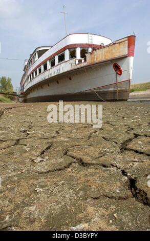 (Afp) - un bras du côté du Rhin est complètement asséché et laisse un brin steamer jetés, près de Cologne, le 21 juillet 2003. En raison du temps sec au cours des derniers mois, le niveau de l'eau a coulé dans la plupart des fleuves allemands, portant sur la plupart des rivières d'expédition de fret à l'arrêt. Banque D'Images