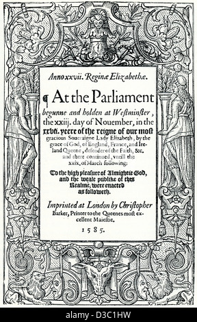 Gravure d'époque de la page de titre d'actes du Parlement 1585 Banque D'Images