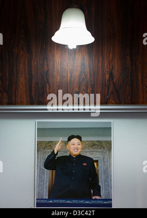 Kim Jung Un poster dans un hôtel, Wonsan, la Corée du Nord Banque D'Images