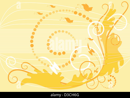 Fond jaune pâle avec boucles et de papillons. Banque D'Images