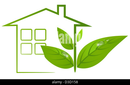 Logo écologique de green house avec feuilles et gouttes d'eau. Banque D'Images