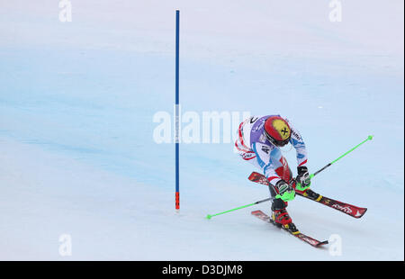 De l'Autriche Marcel Hirscher en action lors de la première exécution de la Men's slalom aux Championnats du Monde de Ski Alpin à Schladming, Autriche, 17 février 2013. Photo : Karl-Josef Opim/dpa  + + +(c) afp - Bildfunk + + + Banque D'Images